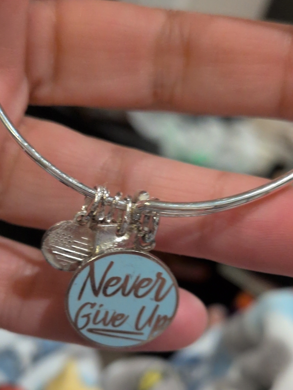 Rare Alex and Ani Silver Bangle with Light Blue "Never Give Up" Charm